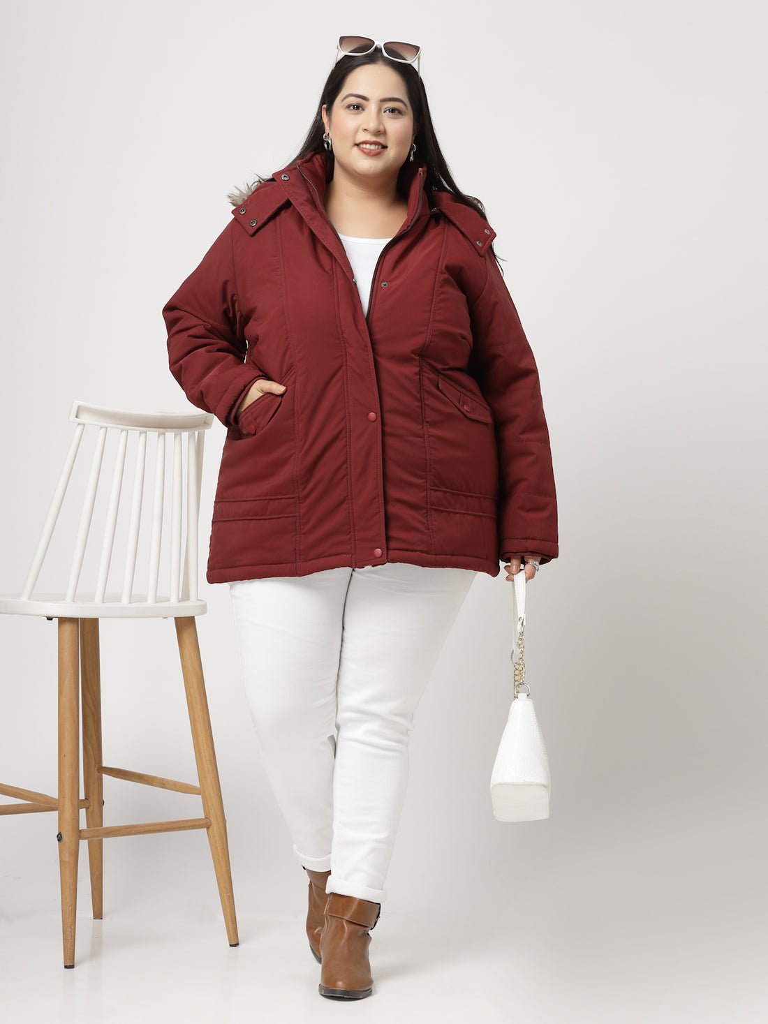 Wine Longline Faux Fur Trim Parka Jacket