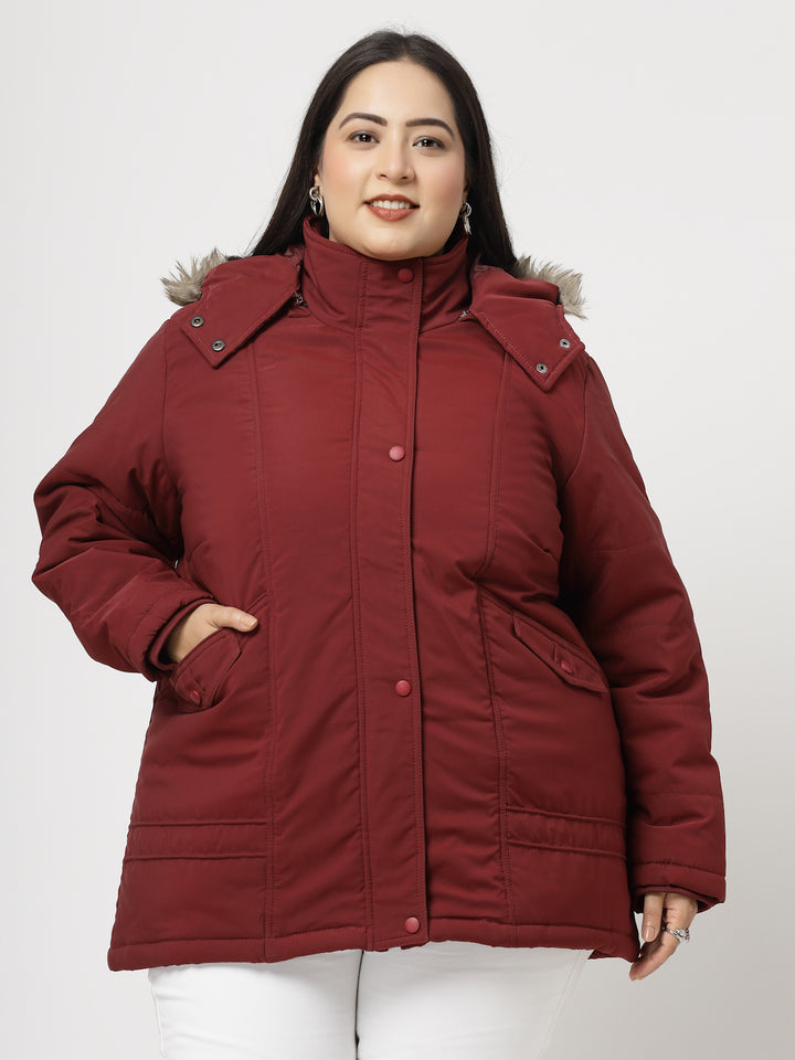 Wine Longline Faux Fur Trim Parka Jacket