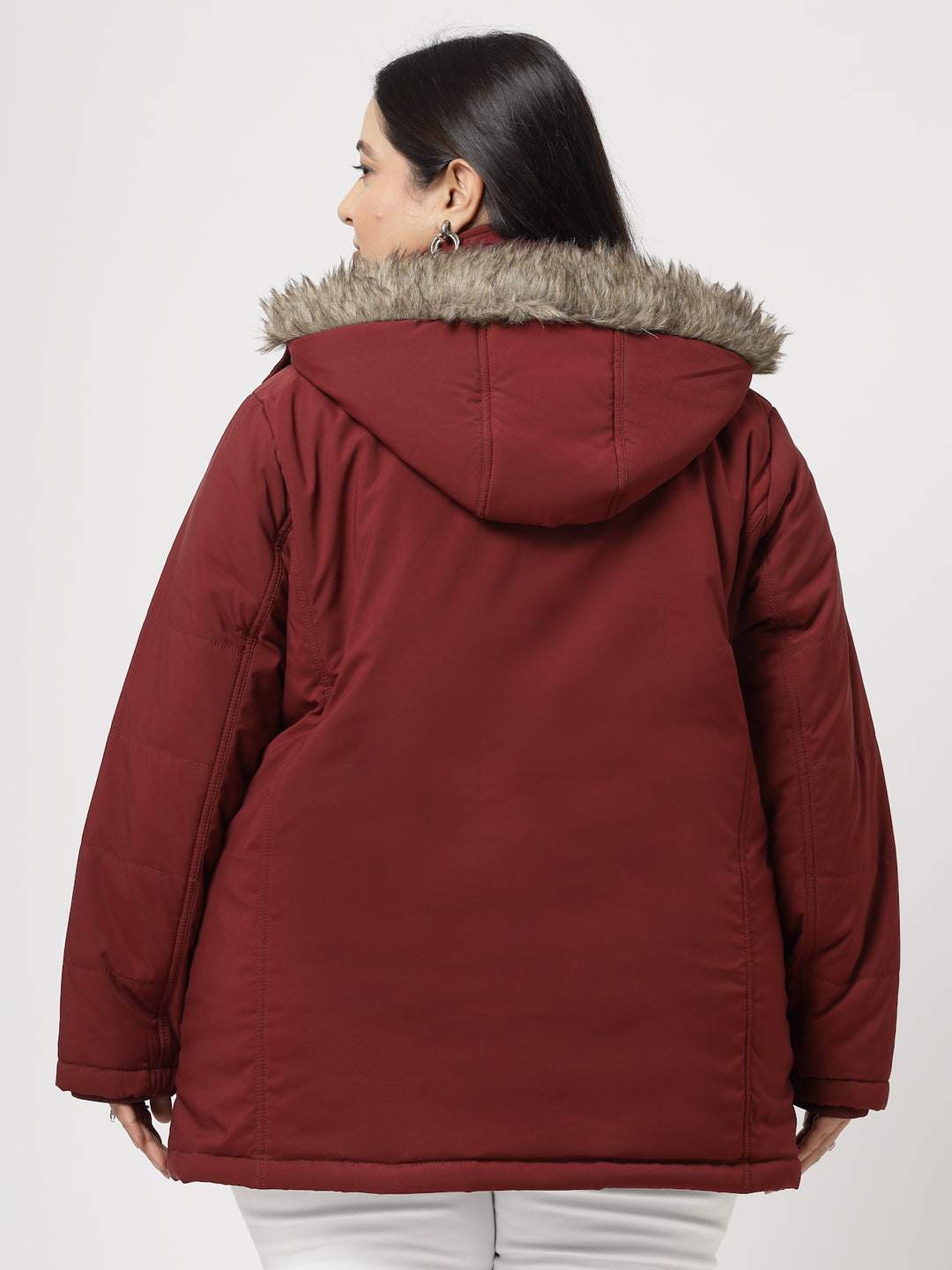 Wine Longline Faux Fur Trim Parka Jacket