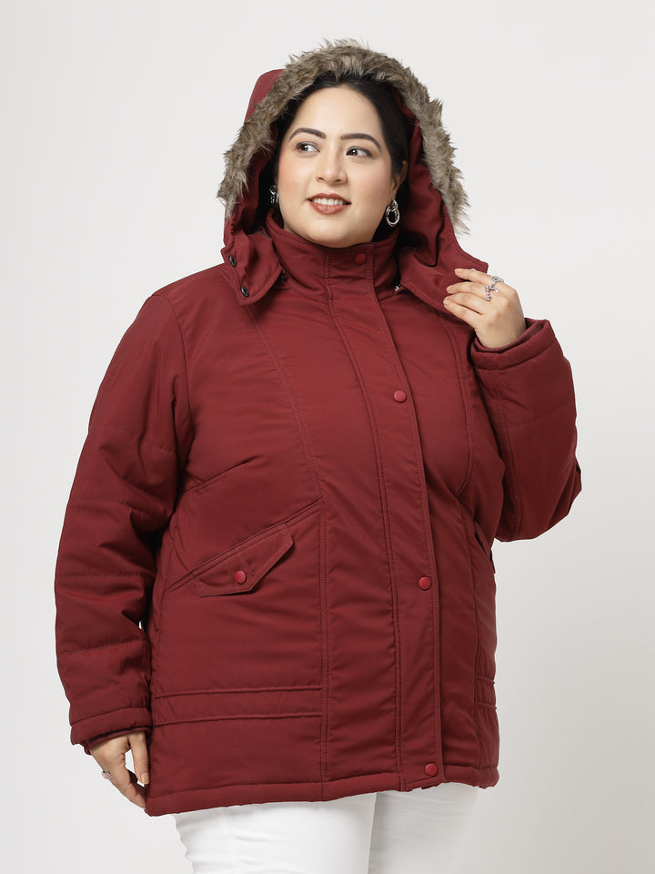 Wine Longline Faux Fur Trim Parka Jacket