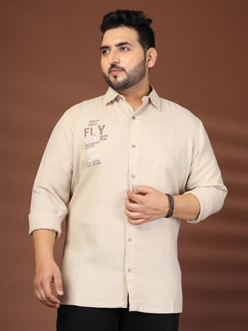 Plus Size Men Beige Printed Cotton Casual Shirt