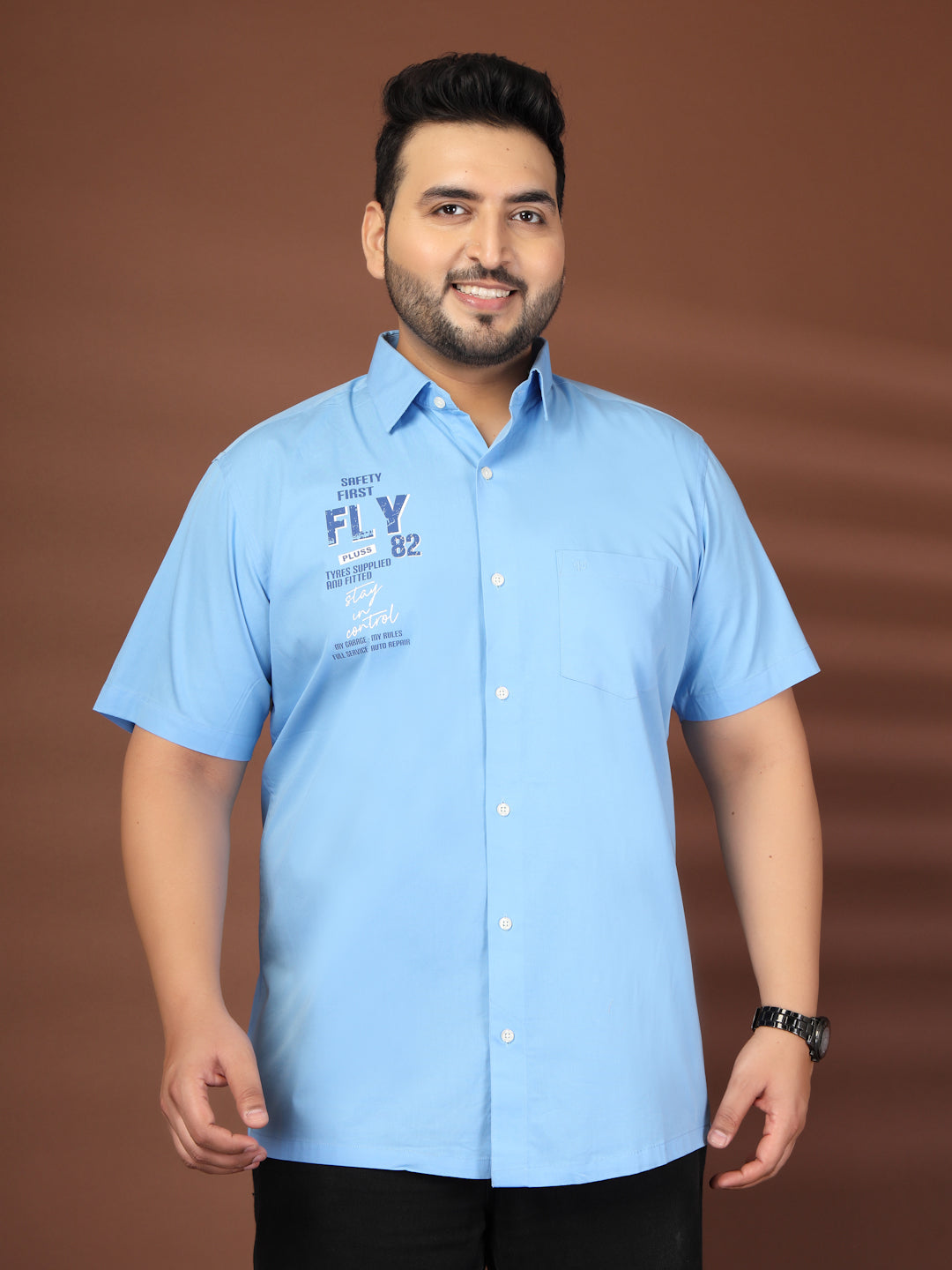 Plus Size Men Blue Printed Casual Cotton Shirt