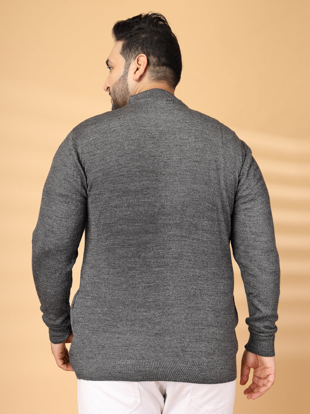 Plus Size Round Neck Ribbed Zip Detail Front-Open Sweater