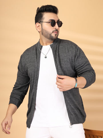 Plus Size Round Neck Ribbed Zip Detail Front-Open Sweater