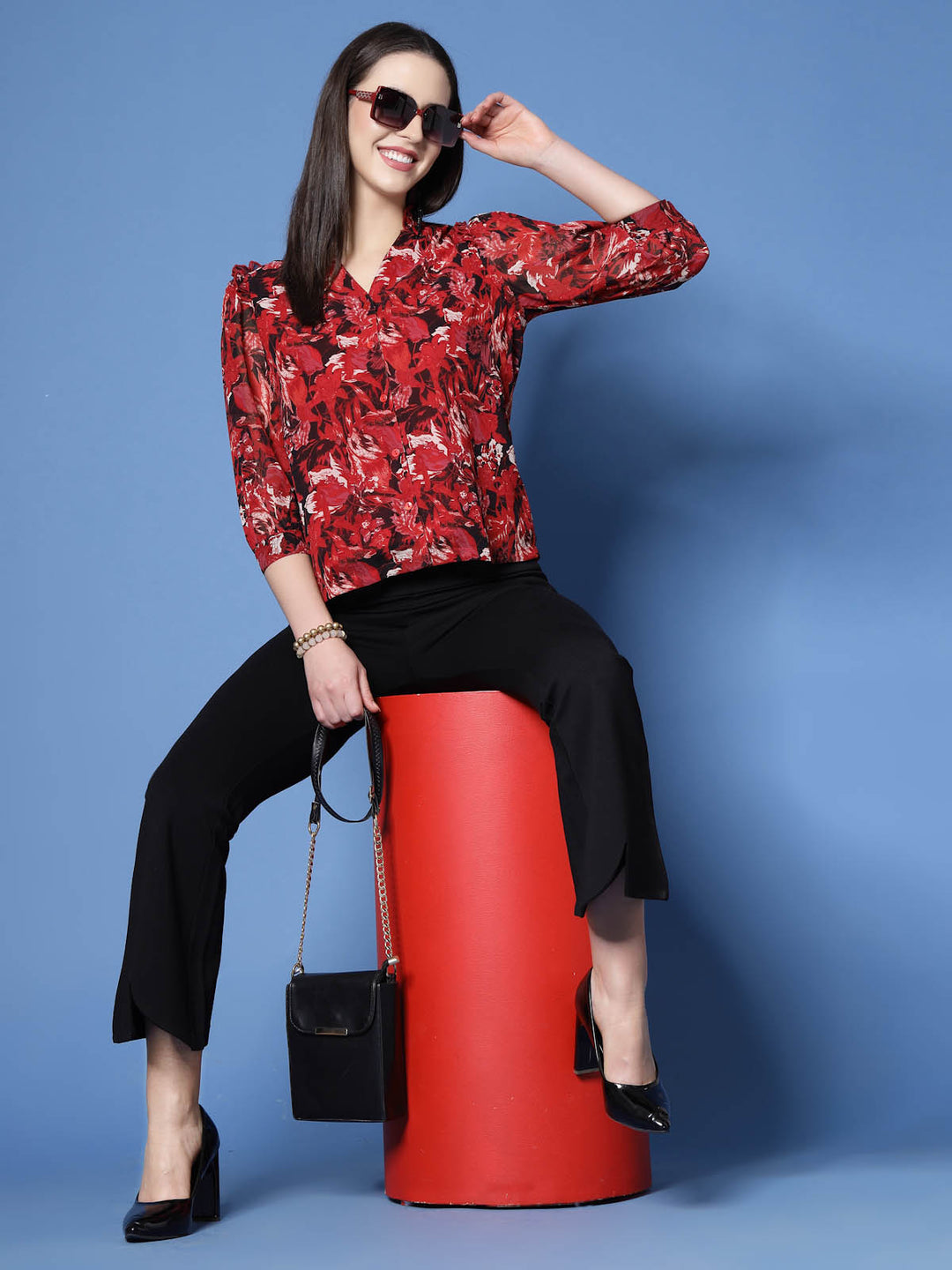 Red Floral Printed Mandarin Collar Ruffled Shirt Style Top