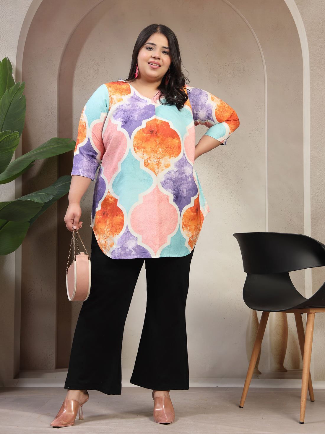 Plus Size Floral Colour Blocked Print Top