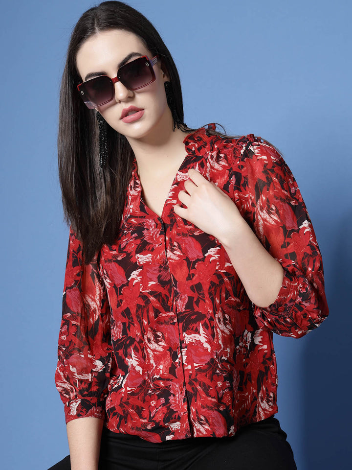 Red Floral Printed Mandarin Collar Ruffled Shirt Style Top