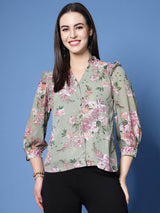 Sea Green Floral Printed V-Neck Cuffed Sleeve Ruffled Shirt Style Top