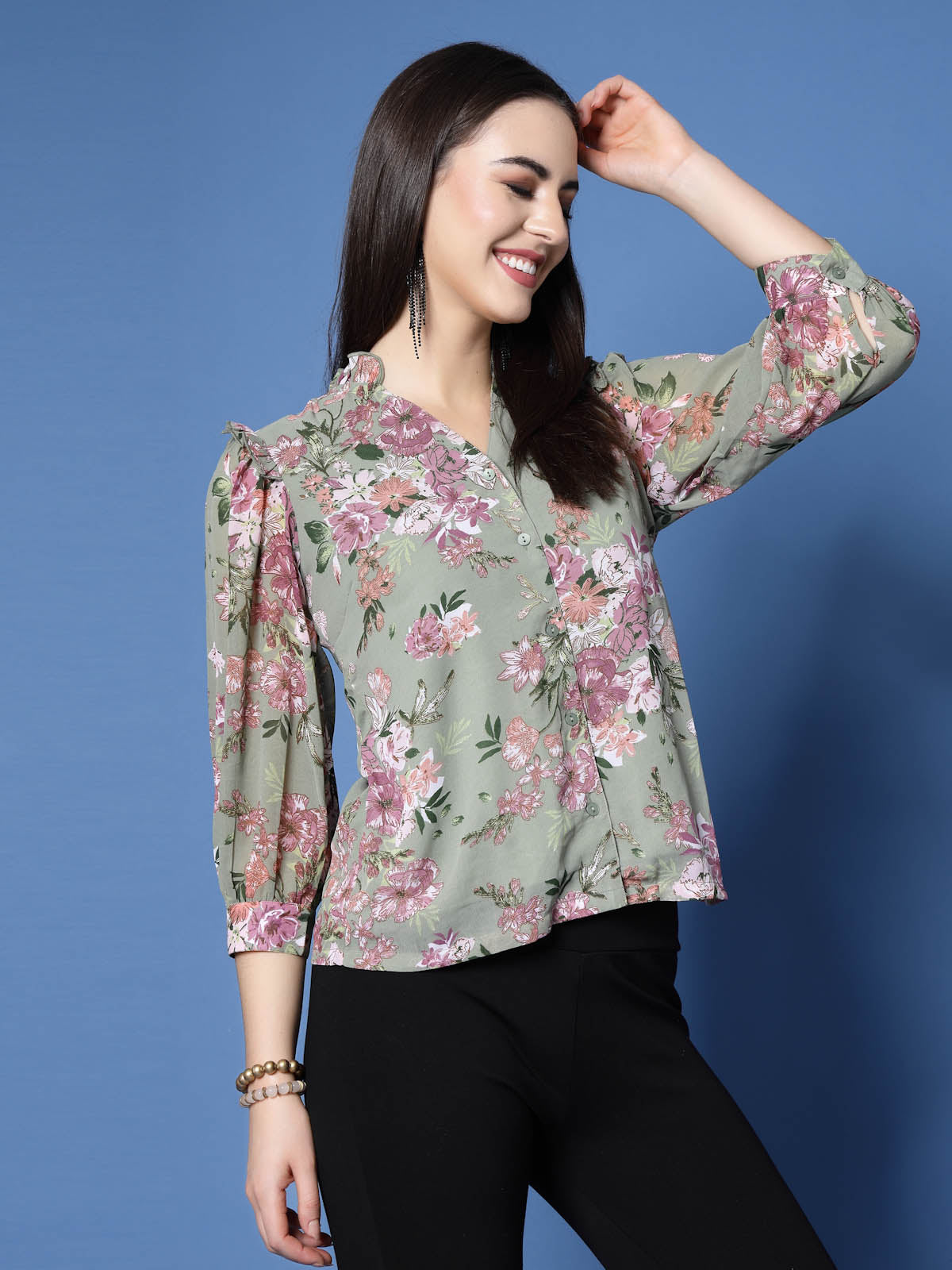 Sea Green Floral Printed V-Neck Cuffed Sleeve Ruffled Shirt Style Top