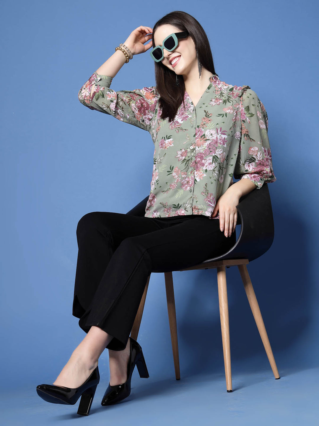 Sea Green Floral Printed V-Neck Cuffed Sleeve Ruffled Shirt Style Top