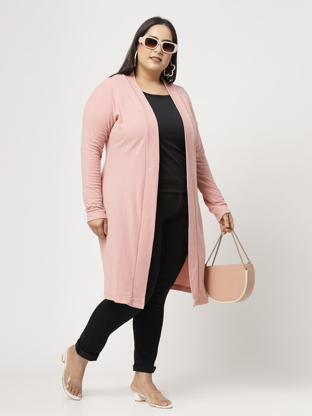 Pink Striped Cotton Open Front Longline Shrug