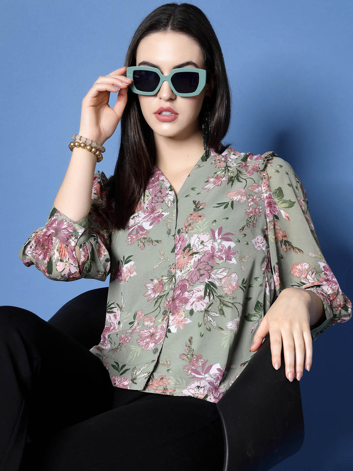 Sea Green Floral Printed V-Neck Cuffed Sleeve Ruffled Shirt Style Top