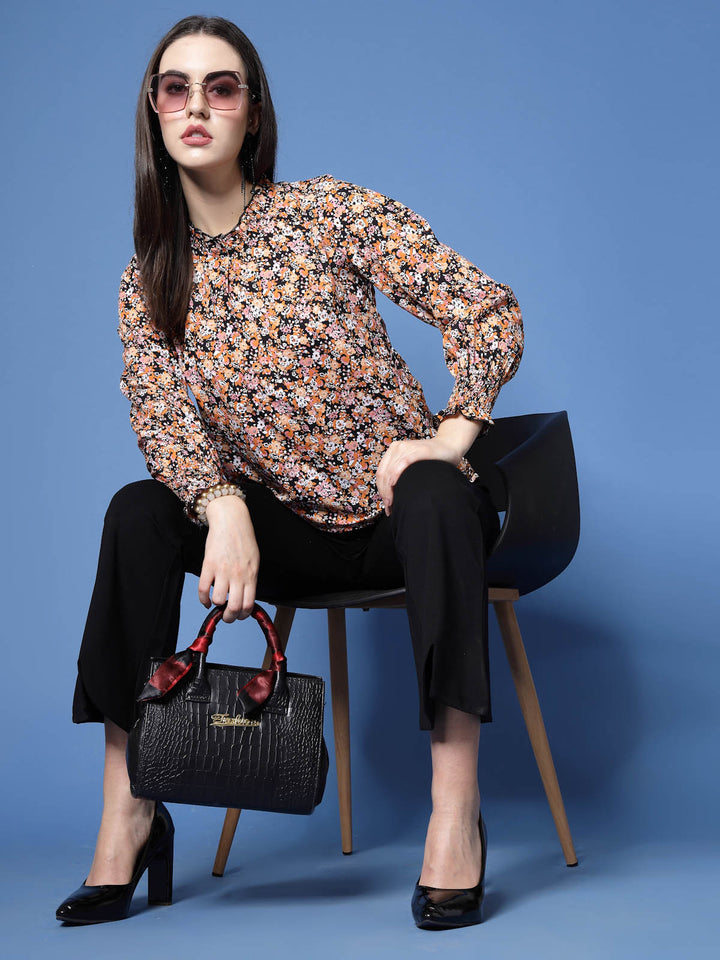 Black  Orange-Coloured Floral Printed High Neck Smocked Regular Top