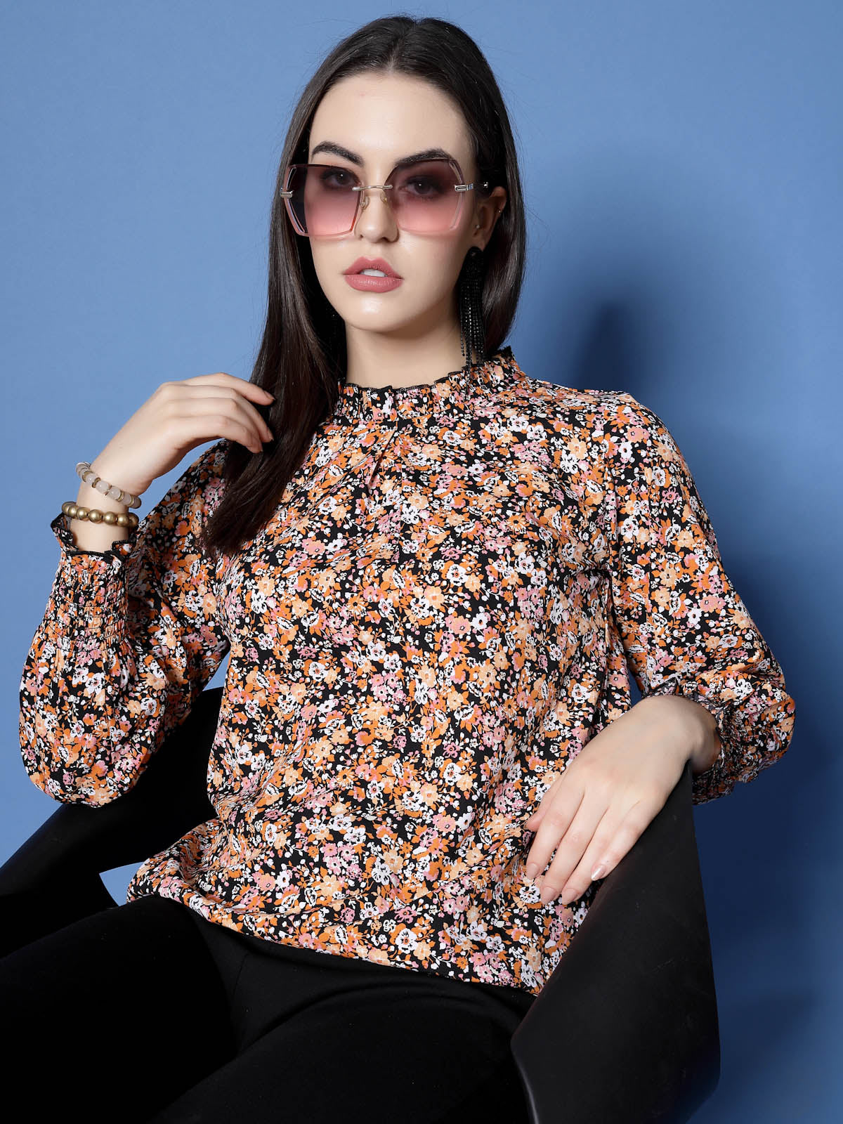 Black  Orange-Coloured Floral Printed High Neck Smocked Regular Top