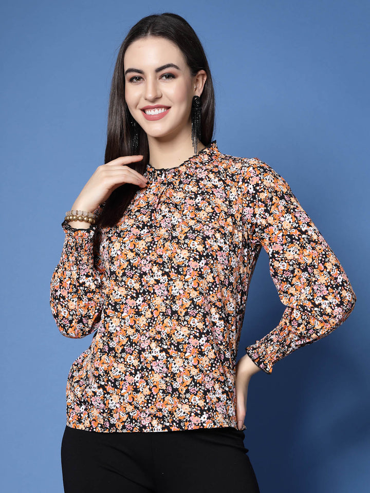 Black  Orange-Coloured Floral Printed High Neck Smocked Regular Top