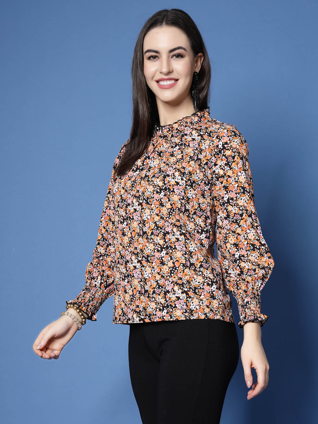 Black  Orange-Coloured Floral Printed High Neck Smocked Regular Top