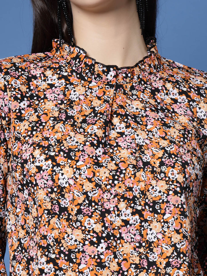 Black  Orange-Coloured Floral Printed High Neck Smocked Regular Top