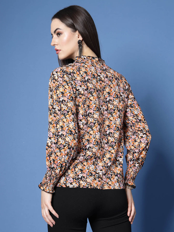 Black  Orange-Coloured Floral Printed High Neck Smocked Regular Top