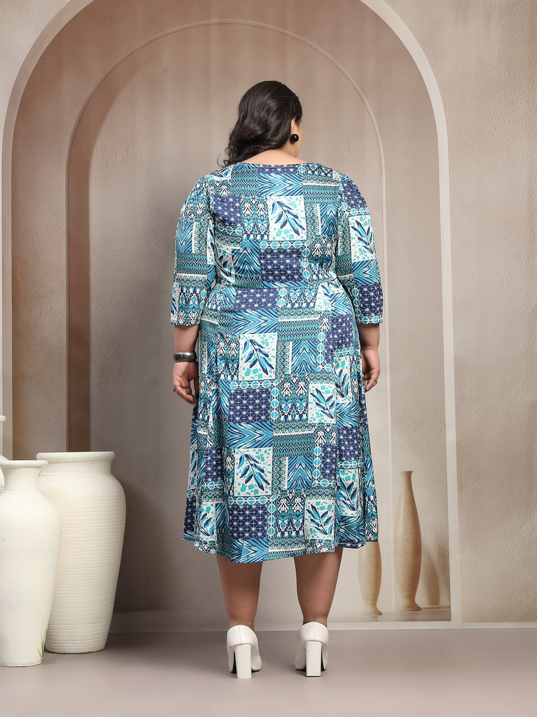 Plus Size Ethnic Motifs Printed A-Line Midi Dress With Belt
