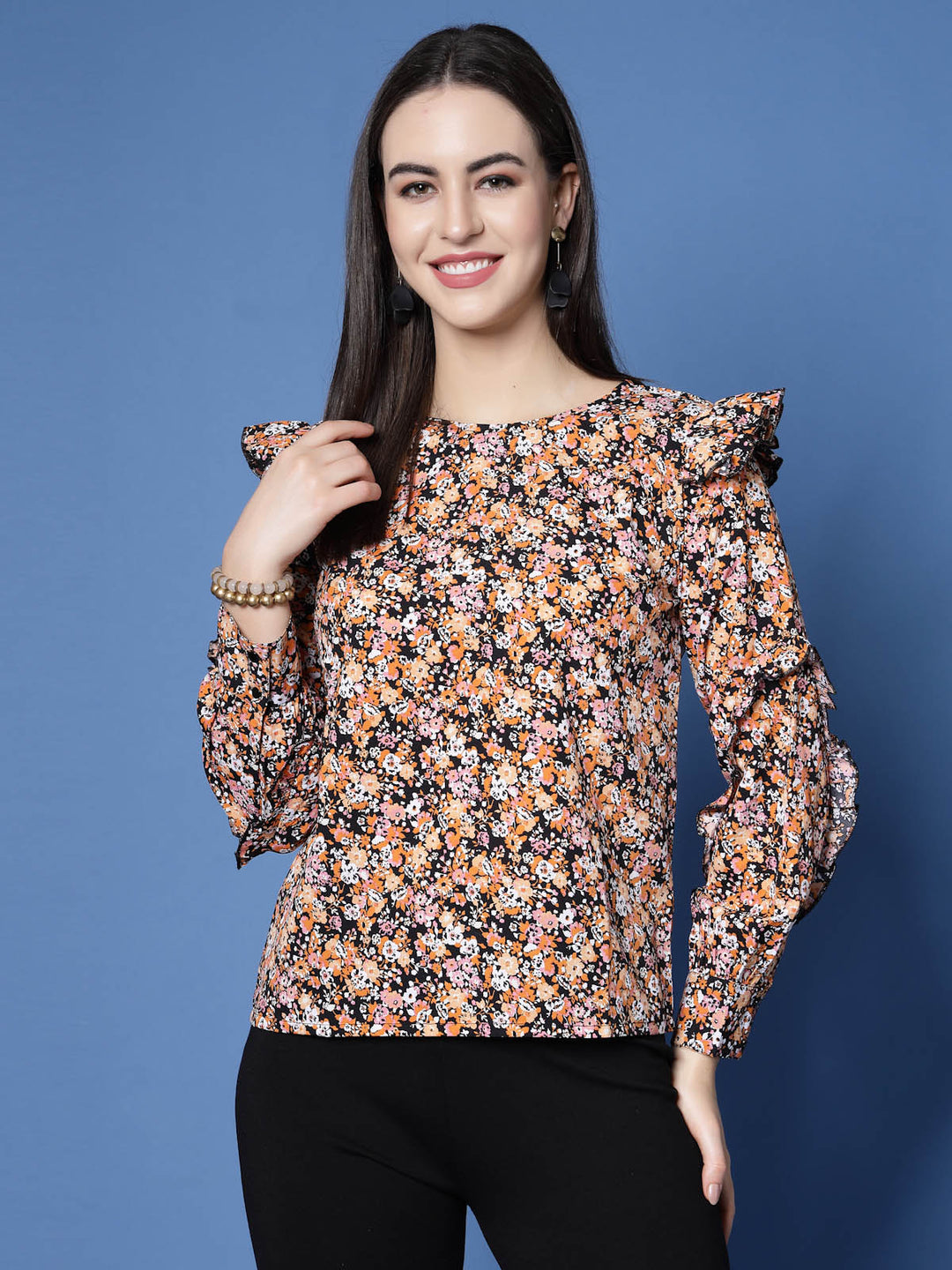 Black  Orange-Coloured Floral Printed Cuffed Sleeves Ruffled Regular Top