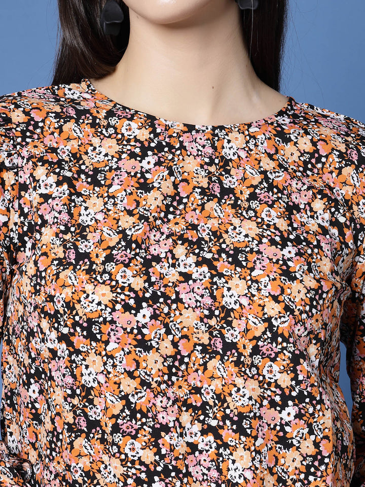 Black  Orange-Coloured Floral Printed Cuffed Sleeves Ruffled Regular Top