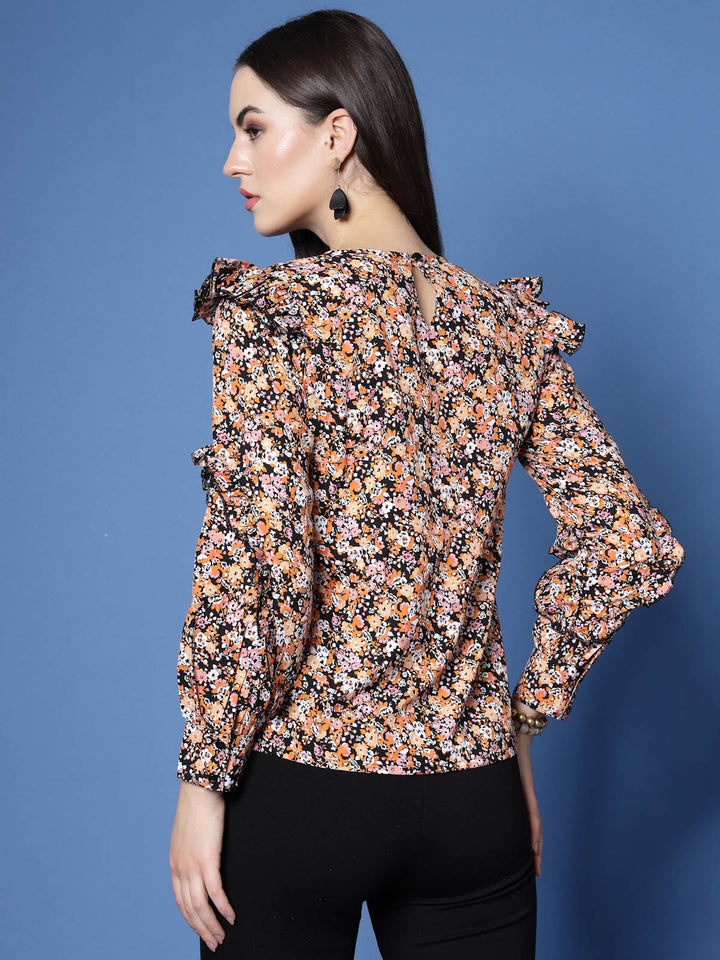 Black  Orange-Coloured Floral Printed Cuffed Sleeves Ruffled Regular Top