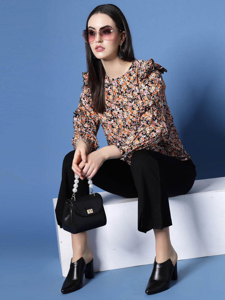 Black  Orange-Coloured Floral Printed Cuffed Sleeves Ruffled Regular Top