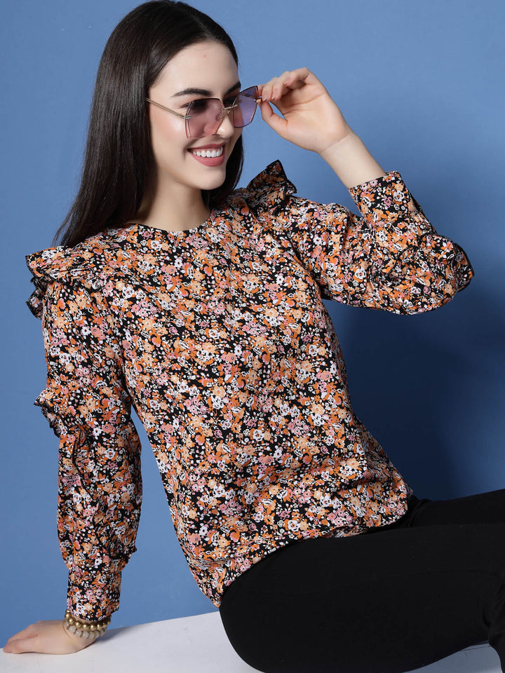 Black  Orange-Coloured Floral Printed Cuffed Sleeves Ruffled Regular Top