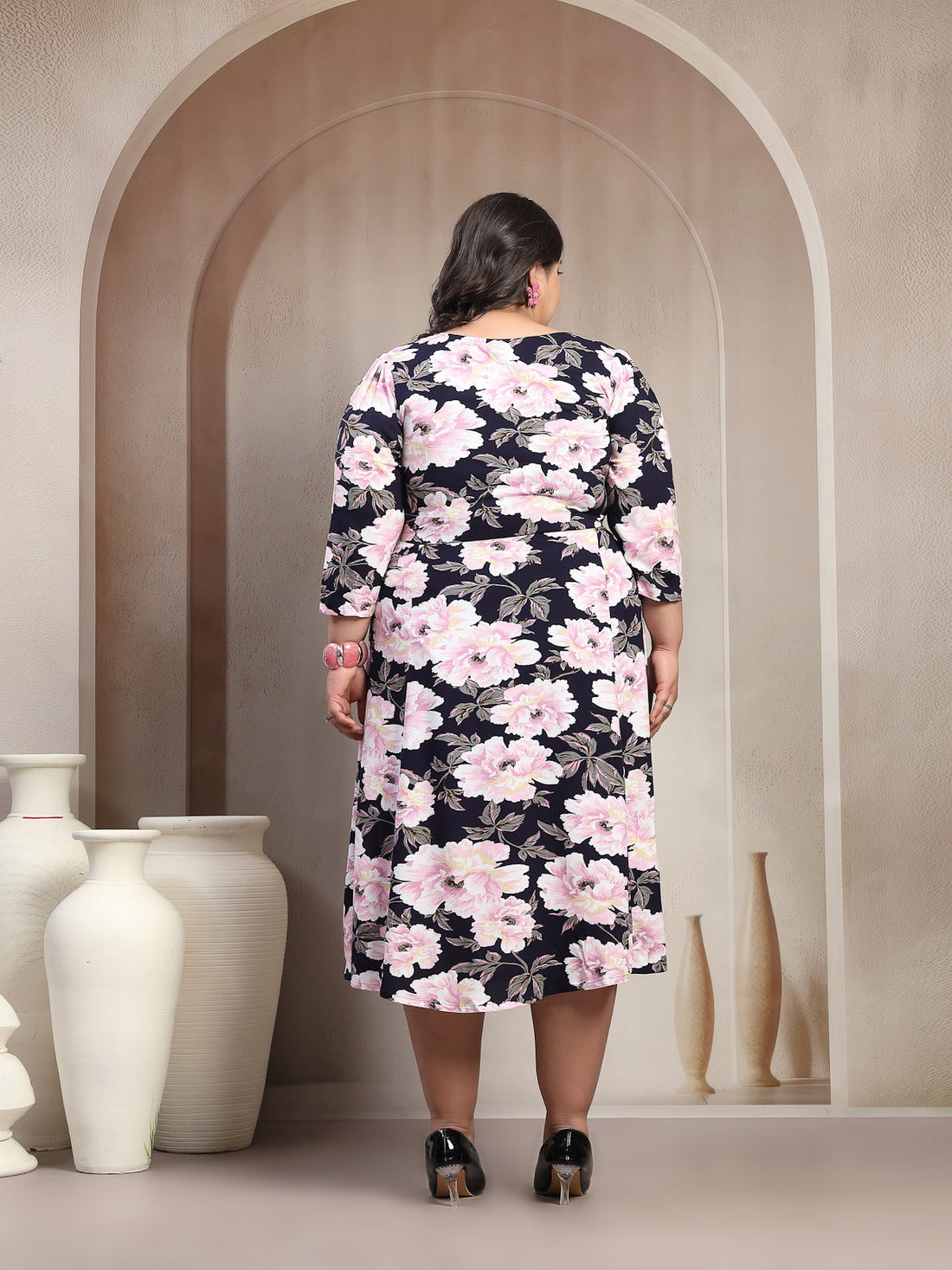 Plus Size V-Neck Floral Print Puff Sleeve Fit & Flare Dress