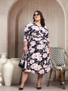 Plus Size V-Neck Floral Print Puff Sleeve Fit & Flare Dress