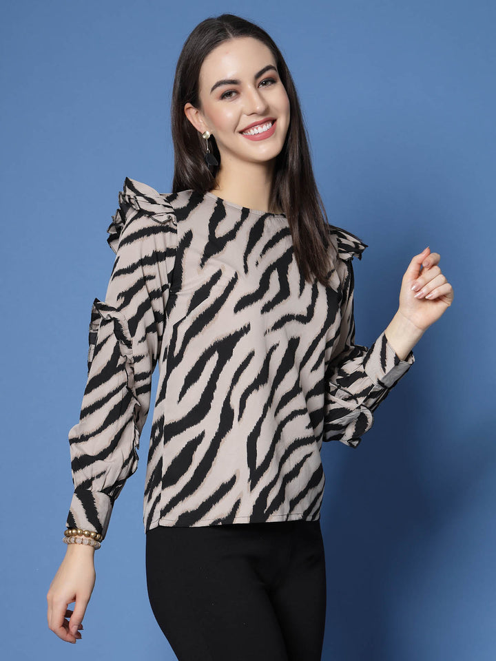 Brown Abstract Printed Cuffed Sleeve Ruffled Regular Top