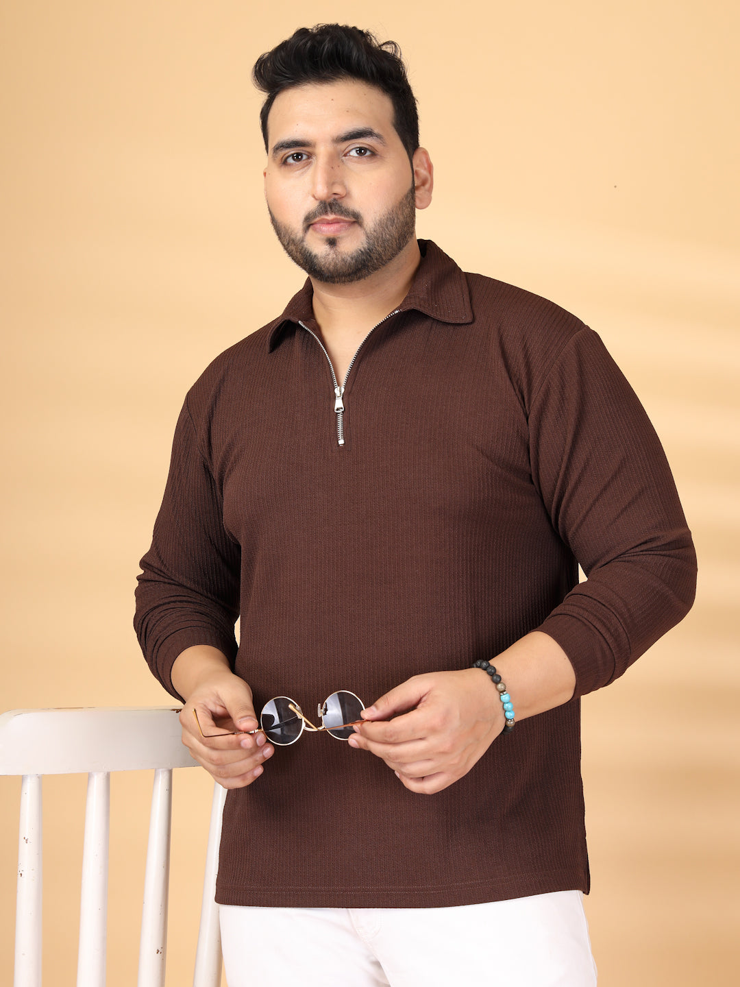 Plus Size Self Design Polo Collar Long Sleeves T-shirt