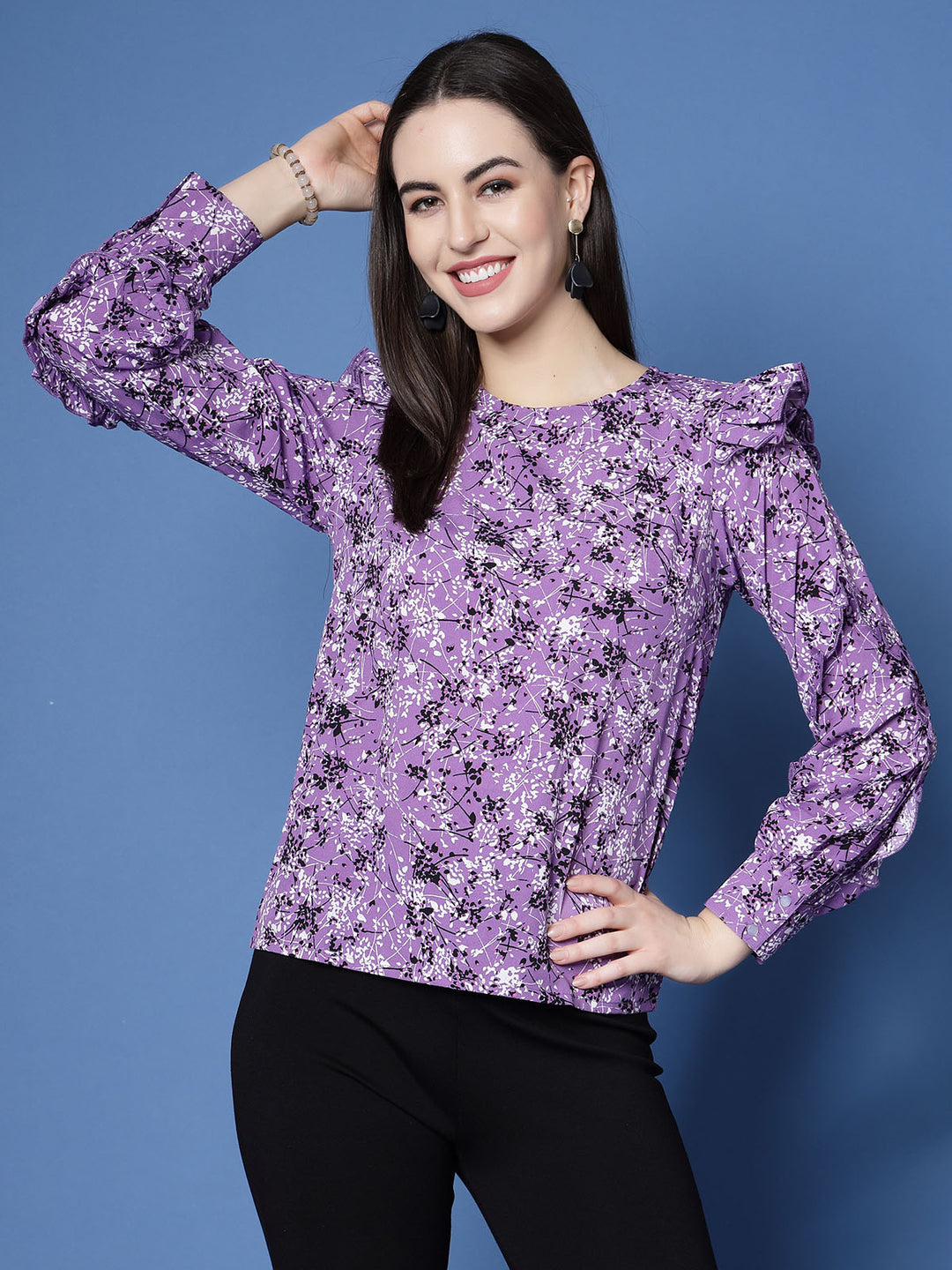 Purple  Black Floral Printed Ruffled  Top