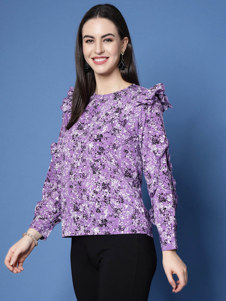 Purple  Black Floral Printed Ruffled  Top