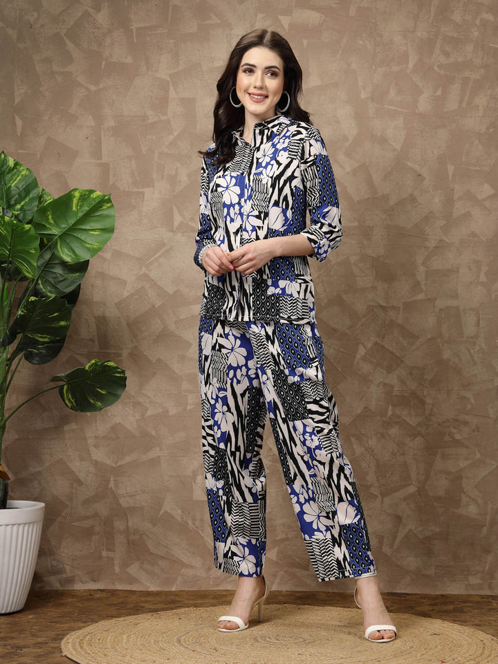 Blue Printed Shirt With Trousers