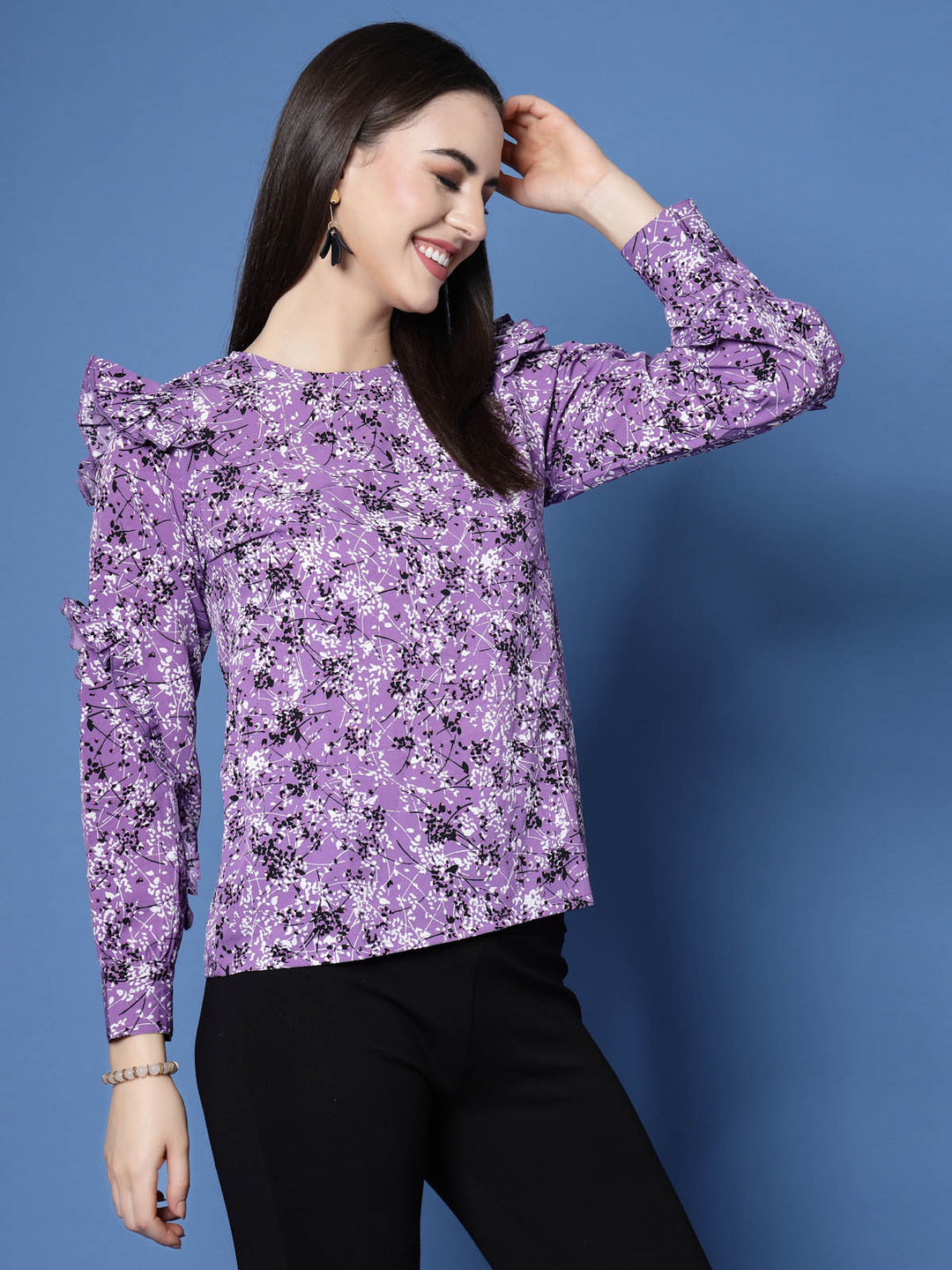 Purple  Black Floral Printed Ruffled  Top