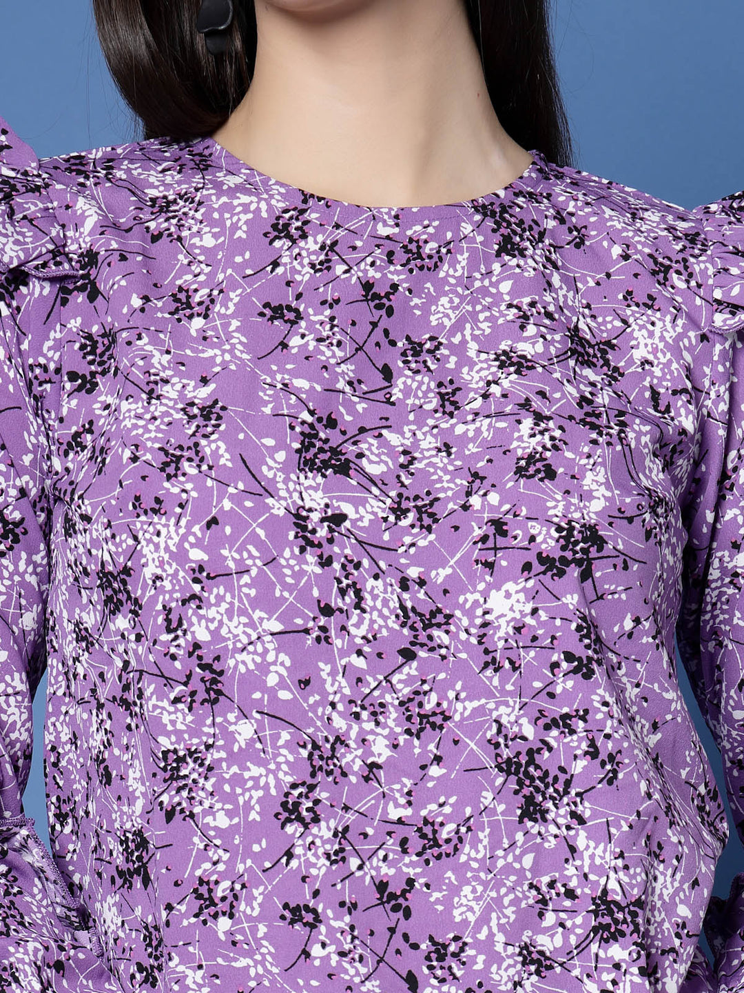 Purple  Black Floral Printed Ruffled  Top