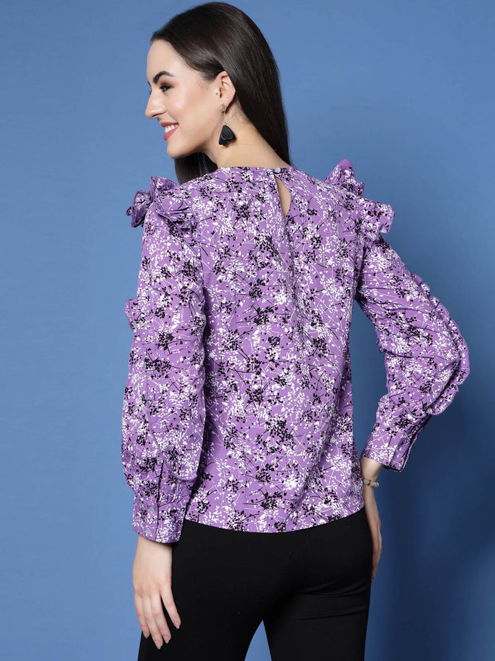 Purple  Black Floral Printed Ruffled  Top