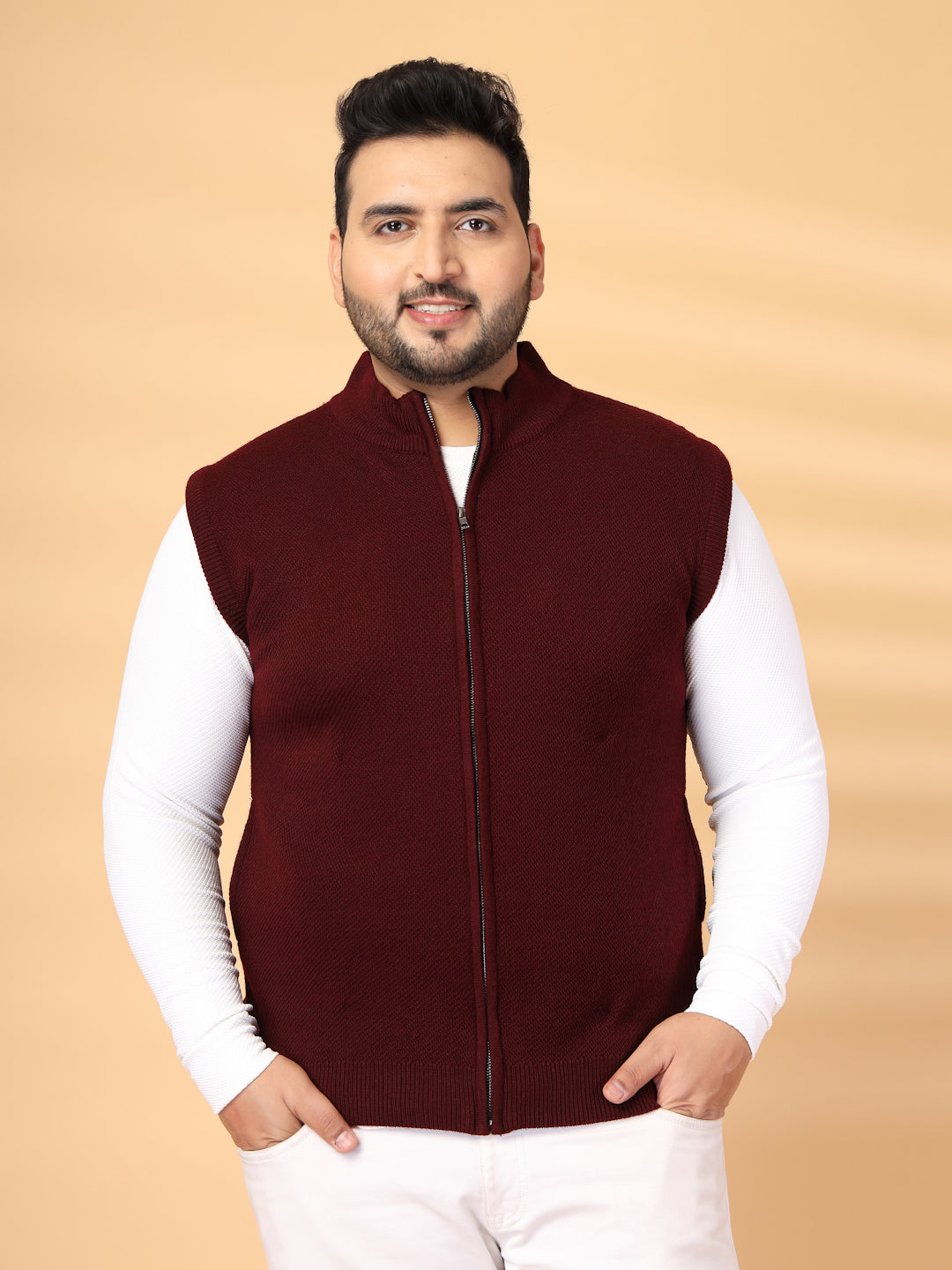 Plus Size Men Solid Sleeveless High Neck with Zip Detail Sweaters