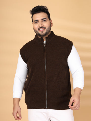 Plus Size Men Solid Sleeveless High Neck with Zip Detail Sweaters