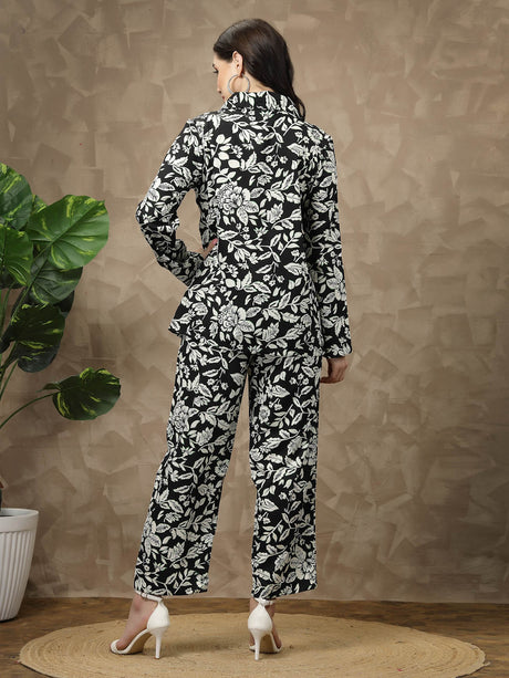 Black Floral Printed Long Sleeves Shirt With Trousers