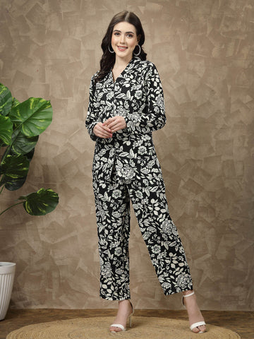 Black Floral Printed Long Sleeves Shirt With Trousers