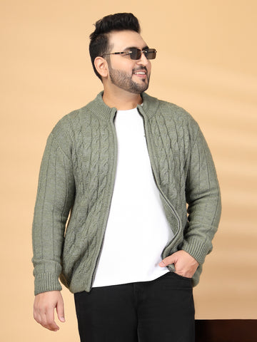 Plus Size Men Cable Knit High Neck Front-Open Sweater