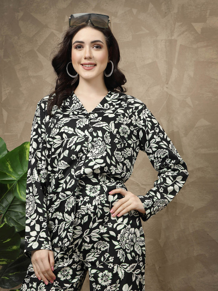 Black Floral Printed Long Sleeves Shirt With Trousers