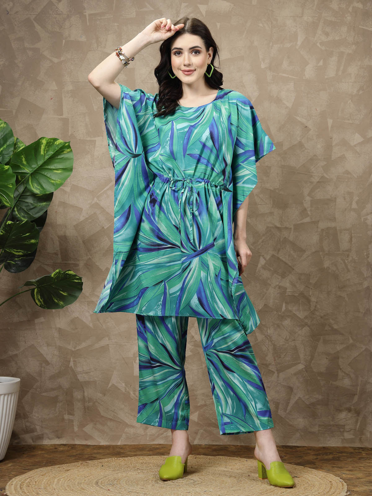 Green Printed Kaftan Tunic With Trousers