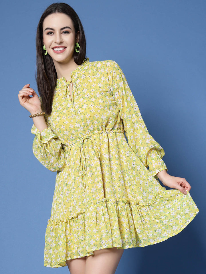 Yellow Floral Printed Tie-Up Neck Gathered Detailed Fit  Flare Mini Dress