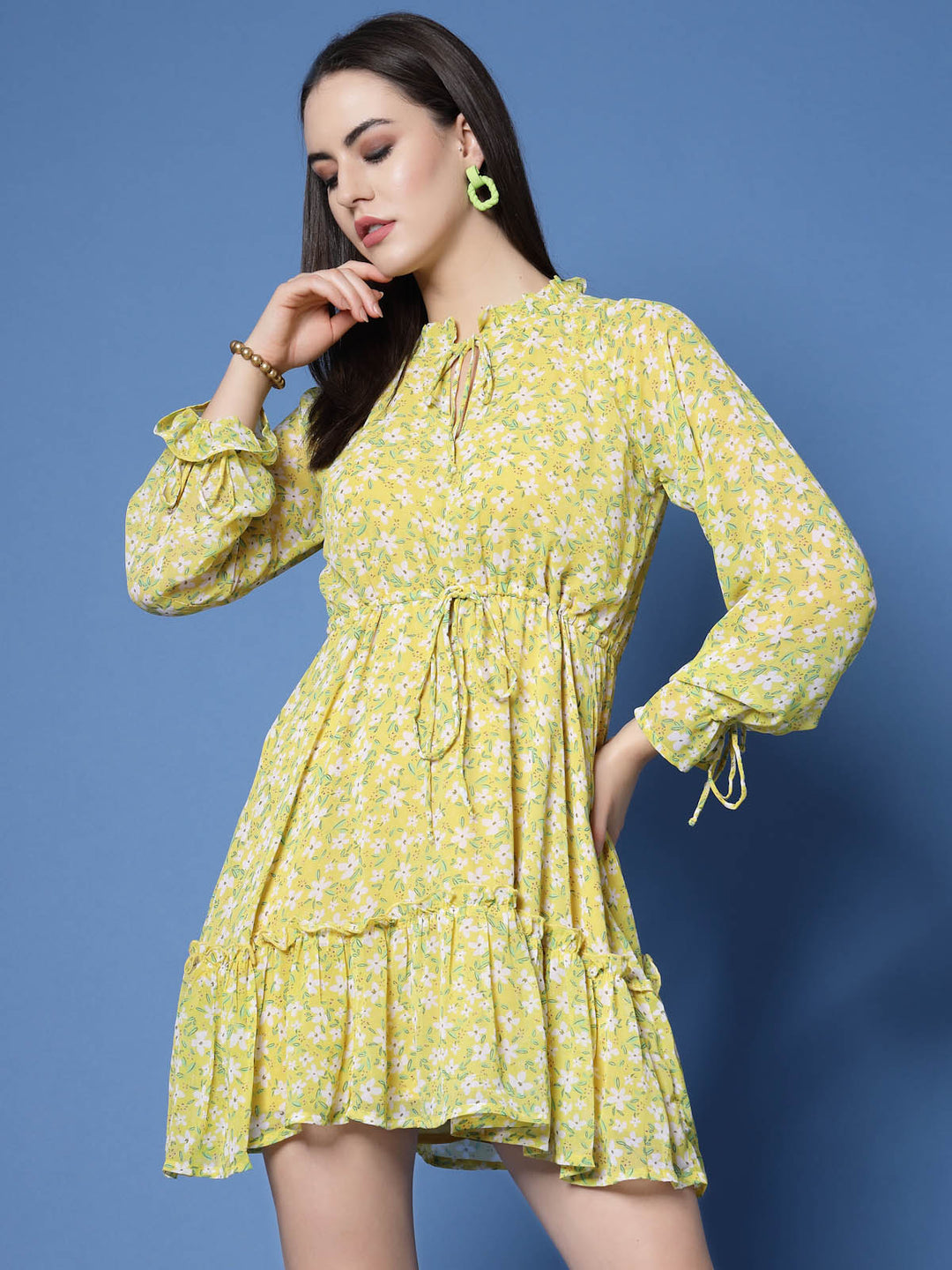 Yellow Floral Printed Tie-Up Neck Gathered Detailed Fit  Flare Mini Dress