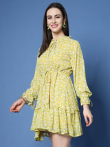 Yellow Floral Printed Tie-Up Neck Gathered Detailed Fit  Flare Mini Dress