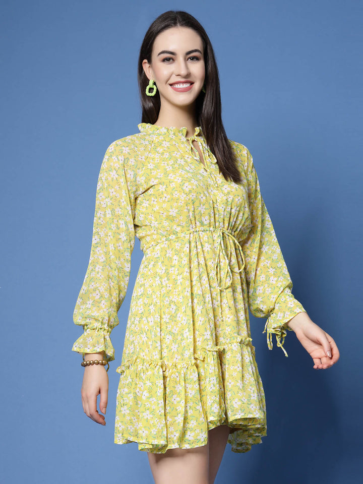 Yellow Floral Printed Tie-Up Neck Gathered Detailed Fit  Flare Mini Dress