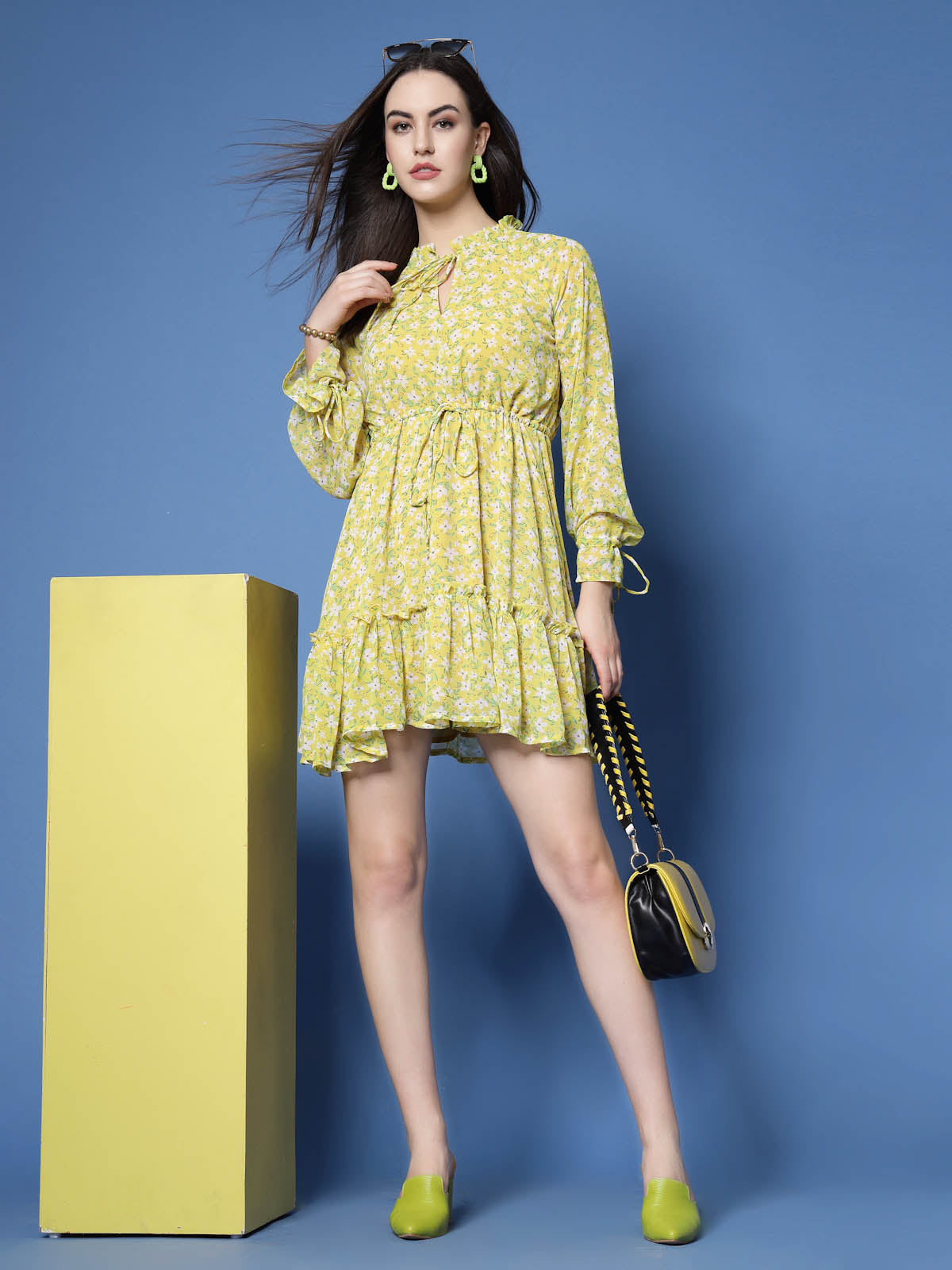 Yellow Floral Printed Tie-Up Neck Gathered Detailed Fit  Flare Mini Dress